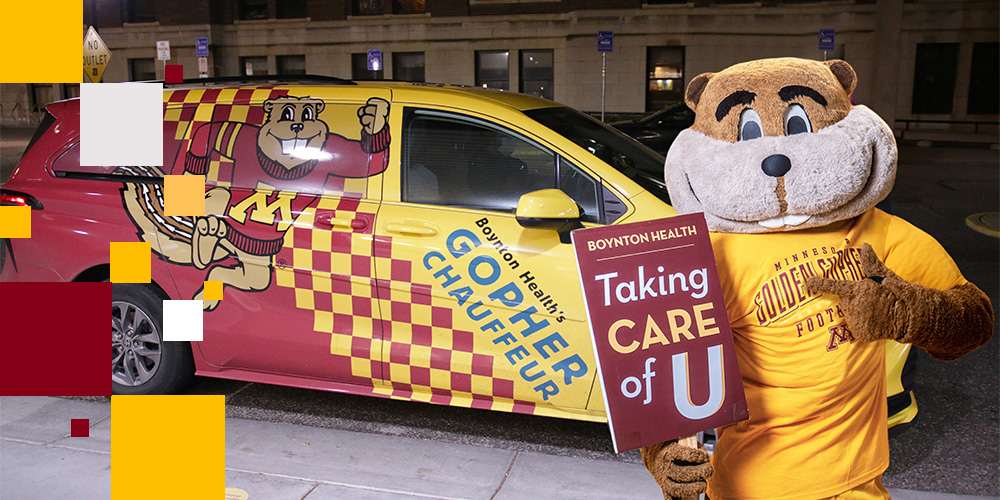 Goldy standing in front of a Gopher Chauffeur van pointing to a sign reading "Taking Care of U"