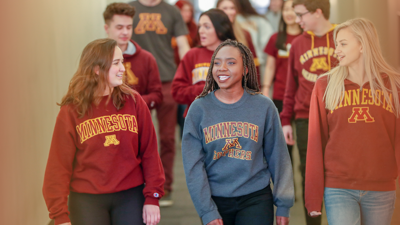 A group of students walking in Minnesota sweatshirts
