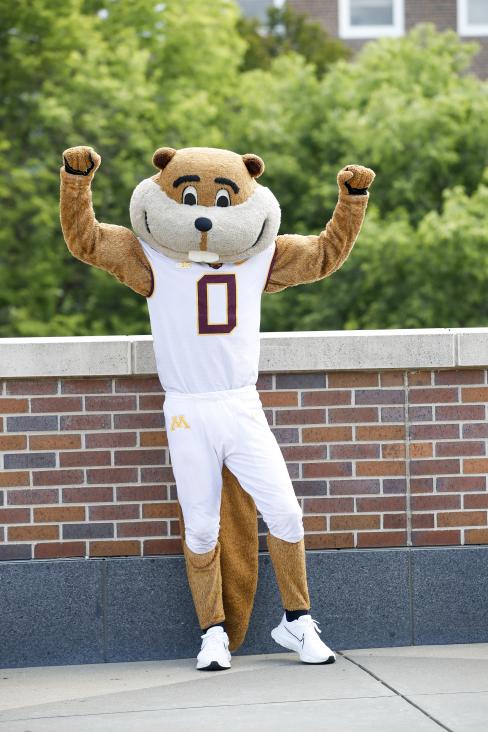 Goldy Gopher holding up a pair of strong arms